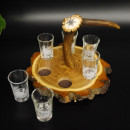 Schnaps Anbieter auf Akazieschild Schnapsbrett H17 cm Rothirsch Stange Griff mit 6 Stück Gläser weiß hoch Jagdmotiv Tier Motiv 27.7.3.8