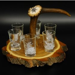 Schnaps Anbieter auf Akazieschild Schnapsbrett H17 cm Rothirsch Stange Griff mit 6 Stück Gläser weiß hoch Jagdmotiv Tier Motiv 27.7.3.8