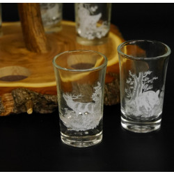 Schnaps Anbieter auf Akazieschild Schnapsbrett H17 cm Rothirsch Stange Griff mit 6 Stück Gläser weiß hoch Jagdmotiv Tier Motiv 27.7.3.8