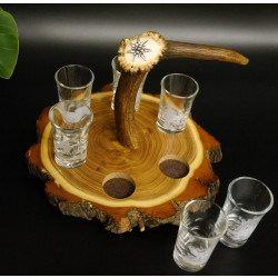 Schnaps Anbieter auf Akazieschild Schnapsbrett H17 cm Rothirsch Stange Griff mit 6 Stück Gläser weiß hoch Jagdmotiv Tier Motiv 27.7.3.8