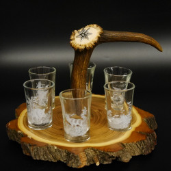 Schnaps Anbieter auf Akazieschild Schnapsbrett H17 cm Rothirsch Stange Griff mit 6 Stück Gläser weiß hoch Jagdmotiv Tier Motiv 27.7.3.8