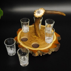 Schnaps Anbieter auf Akazieschild Schnapsbrett H17 cm Rothirsch Stange Griff mit 6 Stück Gläser weiß hoch Jagdmotiv Tier Motiv 27.7.3.8