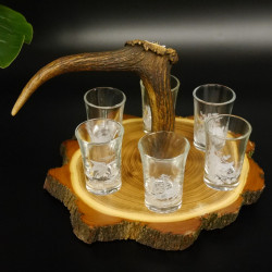 Schnaps Anbieter auf Akazieschild Schnapsbrett H17 cm Rothirsch Stange Griff mit 6 Stück Gläser weiß hoch Jagdmotiv Tier Motiv 27.7.3.8