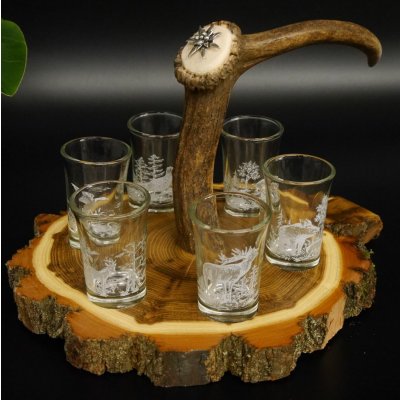 Schnaps Anbieter auf Akazieschild Schnapsbrett H17 cm Rothirsch Stange Griff mit 6 Stück Gläser weiß hoch Jagdmotiv Tier Motiv 27.7.3.9