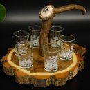 Schnaps Anbieter auf Akazieschild Schnapsbrett H17 cm Rothirsch Stange Griff mit 6 Stück Gläser weiß hoch Jagdmotiv Tier Motiv 27.7.3.9