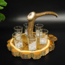 Schnaps Anbieter auf Akazieschild Schnapsbrett H17 cm Rothirsch Stange Griff mit 6 Stück Gläser weiß hoch Jagdmotiv Tier Motiv 27.7.3.9