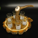 Schnaps Anbieter auf Akazieschild Schnapsbrett H17 cm Rothirsch Stange Griff mit 6 Stück Gläser weiß hoch Jagdmotiv Tier Motiv 27.7.3.9