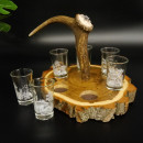 Schnaps Anbieter auf Akazieschild Schnapsbrett H17 cm Rothirsch Stange Griff mit 6 Stück Gläser weiß hoch Jagdmotiv Tier Motiv 27.7.3.9
