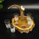 Schnaps Anbieter auf Akazieschild Schnapsbrett H17 cm Rothirsch Stange Griff mit 6 Stück Gläser weiß hoch Jagdmotiv Tier Motiv 27.7.3.9