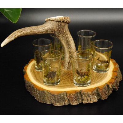 Schnaps Anbieter auf Akazieschild Schnapsbrett H16 cm Rothirsch Stange Griff mit 6 Stück Gläser bunt hoch Jagdmotiv Tier Motiv 27.7.3.11