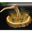 Schnaps Anbieter auf Akazieschild Schnapsbrett H16 cm Rothirsch Stange Griff mit 6 Stück Gläser bunt hoch Jagdmotiv Tier Motiv 27.7.3.11