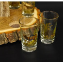Schnaps Anbieter auf Akazieschild Schnapsbrett H16 cm Rothirsch Stange Griff mit 6 Stück Gläser bunt hoch Jagdmotiv Tier Motiv 27.7.3.11