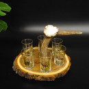 Schnaps Anbieter auf Akazieschild Schnapsbrett H16 cm Rothirsch Stange Griff mit 6 Stück Gläser bunt hoch Jagdmotiv Tier Motiv 27.7.3.11