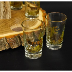 Schnaps Anbieter auf Akazieschild Schnapsbrett H16 cm Rothirsch Stange Griff mit 6 Stück Gläser bunt hoch Jagdmotiv Tier Motiv 27.7.3.11