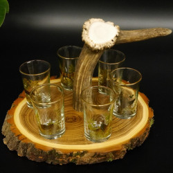 Schnaps Anbieter auf Akazieschild Schnapsbrett H16 cm Rothirsch Stange Griff mit 6 Stück Gläser bunt hoch Jagdmotiv Tier Motiv 27.7.3.11