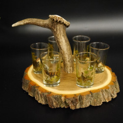 Schnaps Anbieter auf Akazieschild Schnapsbrett H16 cm Rothirsch Stange Griff mit 6 Stück Gläser bunt hoch Jagdmotiv Tier Motiv 27.7.3.11