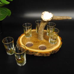 Schnaps Anbieter auf Akazieschild Schnapsbrett H16 cm Rothirsch Stange Griff mit 6 Stück Gläser bunt hoch Jagdmotiv Tier Motiv 27.7.3.11