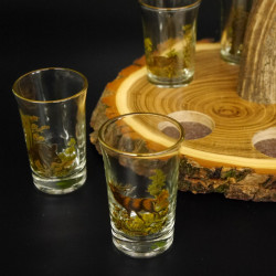 Schnaps Anbieter auf Akazieschild Schnapsbrett H16 cm Rothirsch Stange Griff mit 6 Stück Gläser bunt hoch Jagdmotiv Tier Motiv 27.7.3.11