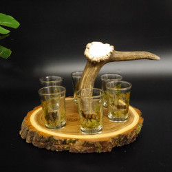 Schnaps Anbieter auf Akazieschild Schnapsbrett H16 cm Rothirsch Stange Griff mit 6 Stück Gläser bunt hoch Jagdmotiv Tier Motiv 27.7.3.11