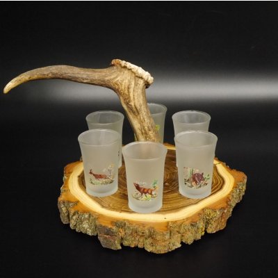 Schnaps Anbieter auf Akazieschild Schnapsbrett H18 cm Rothirsch Stange Griff mit 6 Stück Gläser bunt hoch Ice White Jagdmotiv 27.7.3.12