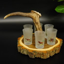Schnaps Anbieter auf Akazieschild Schnapsbrett H18 cm Rothirsch Stange Griff mit 6 Stück Gläser bunt hoch Ice White Jagdmotiv 27.7.3.12