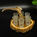 Schnaps Anbieter auf Akazieschild Schnapsbrett H18 cm Rothirsch Stange Griff mit 6 Stück Gläser bunt hoch Ice White Jagdmotiv 27.7.3.12