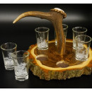 Schnaps Anbieter auf Akazieschild Schnapsbrett H16 cm Rothirsch Stange Griff mit 6 Stück Gläser weiß hoch Jagdmotiv Tier Motiv 27.7.3.13