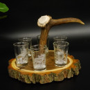 Schnaps Anbieter auf Akazieschild Schnapsbrett H16 cm Rothirsch Stange Griff mit 6 Stück Gläser weiß hoch Jagdmotiv Tier Motiv 27.7.3.13