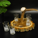 Schnaps Anbieter auf Akazieschild Schnapsbrett H16 cm Rothirsch Stange Griff mit 6 Stück Gläser weiß hoch Jagdmotiv Tier Motiv 27.7.3.13