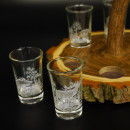 Schnaps Anbieter auf Akazieschild Schnapsbrett H16 cm Rothirsch Stange Griff mit 6 Stück Gläser weiß hoch Jagdmotiv Tier Motiv 27.7.3.13