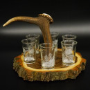 Schnaps Anbieter auf Akazieschild Schnapsbrett H16 cm Rothirsch Stange Griff mit 6 Stück Gläser weiß hoch Jagdmotiv Tier Motiv 27.7.3.13