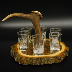Schnaps Anbieter auf Akazieschild Schnapsbrett H16 cm Rothirsch Stange Griff mit 6 Stück Gläser weiß hoch Jagdmotiv Tier Motiv 27.7.3.13