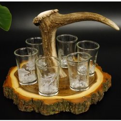 Schnaps Anbieter auf Akazieschild Schnapsbrett H17 cm Rothirsch Stange Griff mit 6 Stück Gläser weiß hoch Jagdmotiv Tier Motiv 27.7.3.14