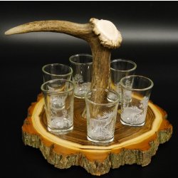 Schnaps Anbieter auf Akazieschild Schnapsbrett H17 cm Rothirsch Stange Griff mit 6 Stück Gläser weiß hoch Jagdmotiv Tier Motiv 27.7.3.14