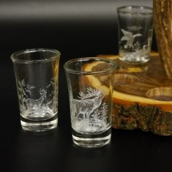 Schnaps Anbieter auf Akazieschild Schnapsbrett H17 cm Rothirsch Stange Griff mit 6 Stück Gläser weiß hoch Jagdmotiv Tier Motiv 27.7.3.14