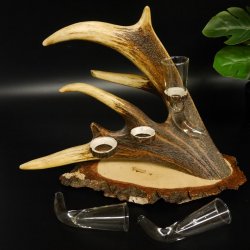 Schnaps Anbieter Birkeschild Schnapsbrett Rothirschgeweih 3x hornförmige Gläser  27.7.6.28