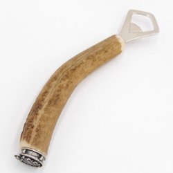 Flaschenöffner mit Hirsch Geweih Stange Hirschhorn Griff mit Endkappe Verzierung Bayern Wappen GL 21 cm 27.19.2.55