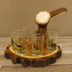 Schnaps Anbieter auf Akazieschild Schnapsbrett H18 cm Rothirsch Stange Griff mit 6 Stück Gläser bunt hoch Jagdmotiv Tier Motiv 27.7.3.10