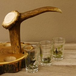 Schnaps Anbieter auf Akazieschild Schnapsbrett H18 cm Rothirsch Stange Griff mit 6 Stück Gläser bunt hoch Jagdmotiv Tier Motiv 27.7.3.10