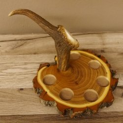 Schnaps Anbieter auf Akazieschild Schnapsbrett H18 cm Rothirsch Stange Griff mit 6 Stück Gläser bunt hoch Jagdmotiv Tier Motiv 27.7.3.10