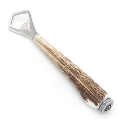 Flaschenöffner Öffner mit Hirsch Geweih Stange Hirschhorn Griff mit Endkappe Verzierung Edelweiß GL 20 cm 27.19.5.41
