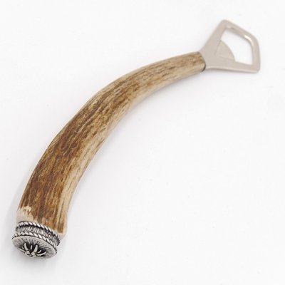 Flaschenöffner Öffner mit Hirsch Geweih Stange Hirschhorn Griff mit Endkappe Verzierung Edelweiß GL 21 cm 27.19.5.42