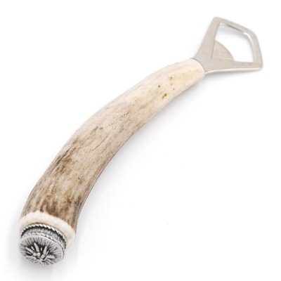 Flaschenöffner Öffner mit Hirsch Geweih Stange Hirschhorn Griff mit Endkappe Verzierung Edelweiß GL 22 cm 27.19.5.44