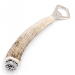 Flaschenöffner Öffner mit Hirsch Geweih Stange Hirschhorn Griff mit Endkappe Verzierung Edelweiß GL 22 cm 27.19.5.44