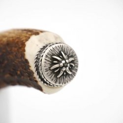 Flaschenöffner Öffner mit Hirsch Geweih Stange Hirschhorn Griff mit Endkappe Verzierung Edelweiß GL 22 cm 27.19.5.45