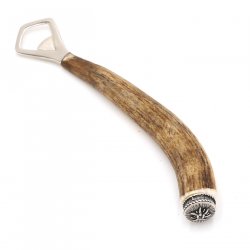 Flaschenöffner Öffner mit Hirsch Geweih Stange Hirschhorn Griff mit Endkappe Verzierung Edelweiß GL 23 cm 27.19.5.46