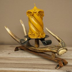 Bougier en bois de cerf rouge avec 2 bougies en fer forgé et corne de cerf