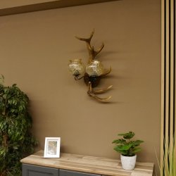 Wandlampe Wandleuchte Lampe Geweih Rothirschstange Stangen Lampe 2 - flammig Lampenschirm 92.2.15