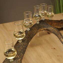 Schnapsleverancier 5x kleine glazen met steel op edelhertenstang Cadeau 27.60.2.57