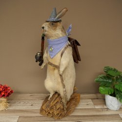 Taxidermied Wolpertinger marmot hiker with hat, backpack, neckerchief, walking stick, and pipe